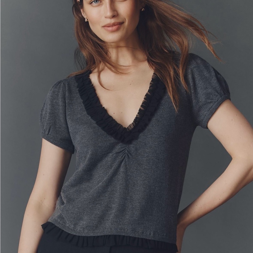 Maeve Charcoal Top with Black Ruffle Trim